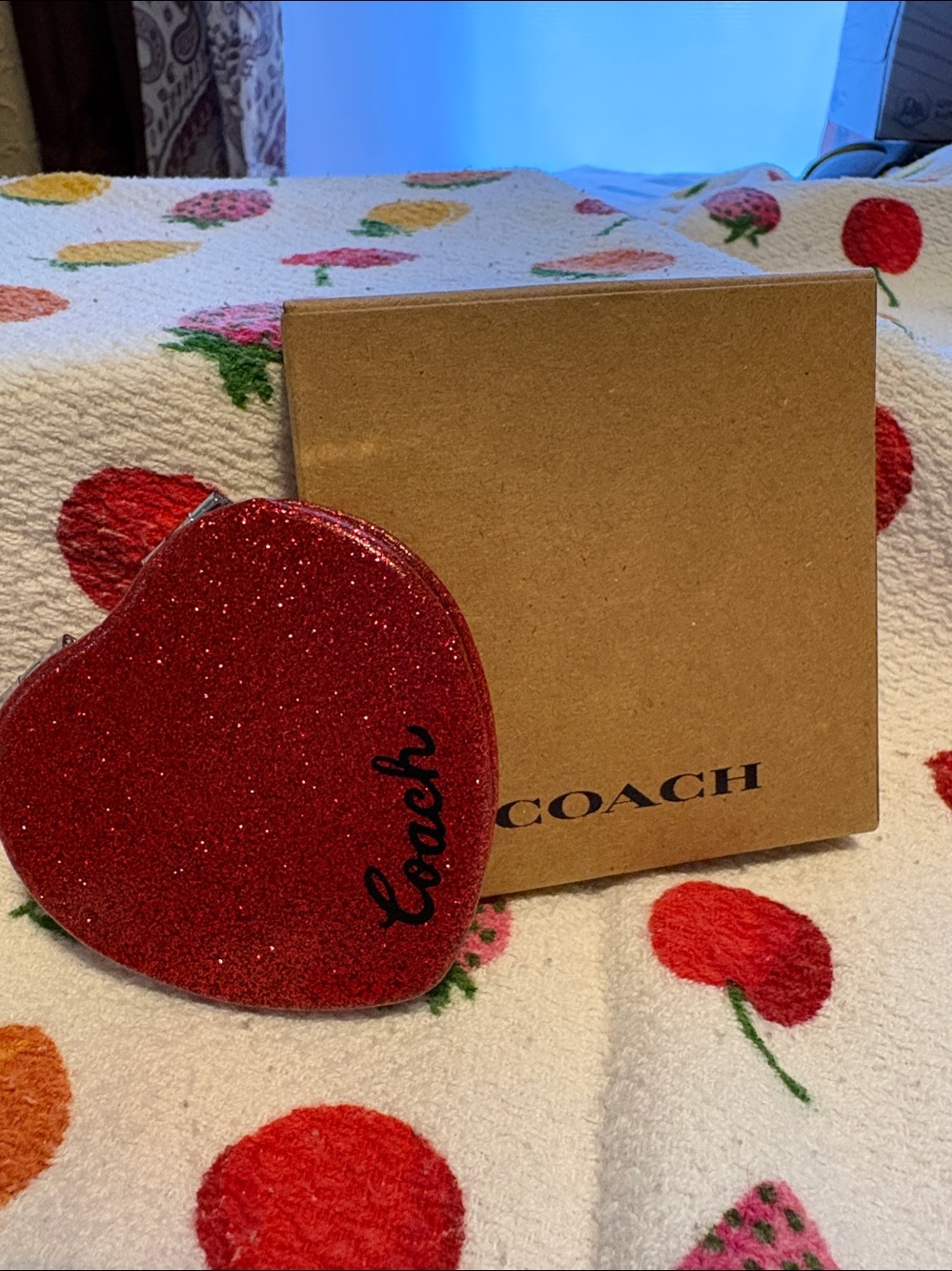 Coach Heart-Shaped Glitter Compact Mirror in Red with Coach Box